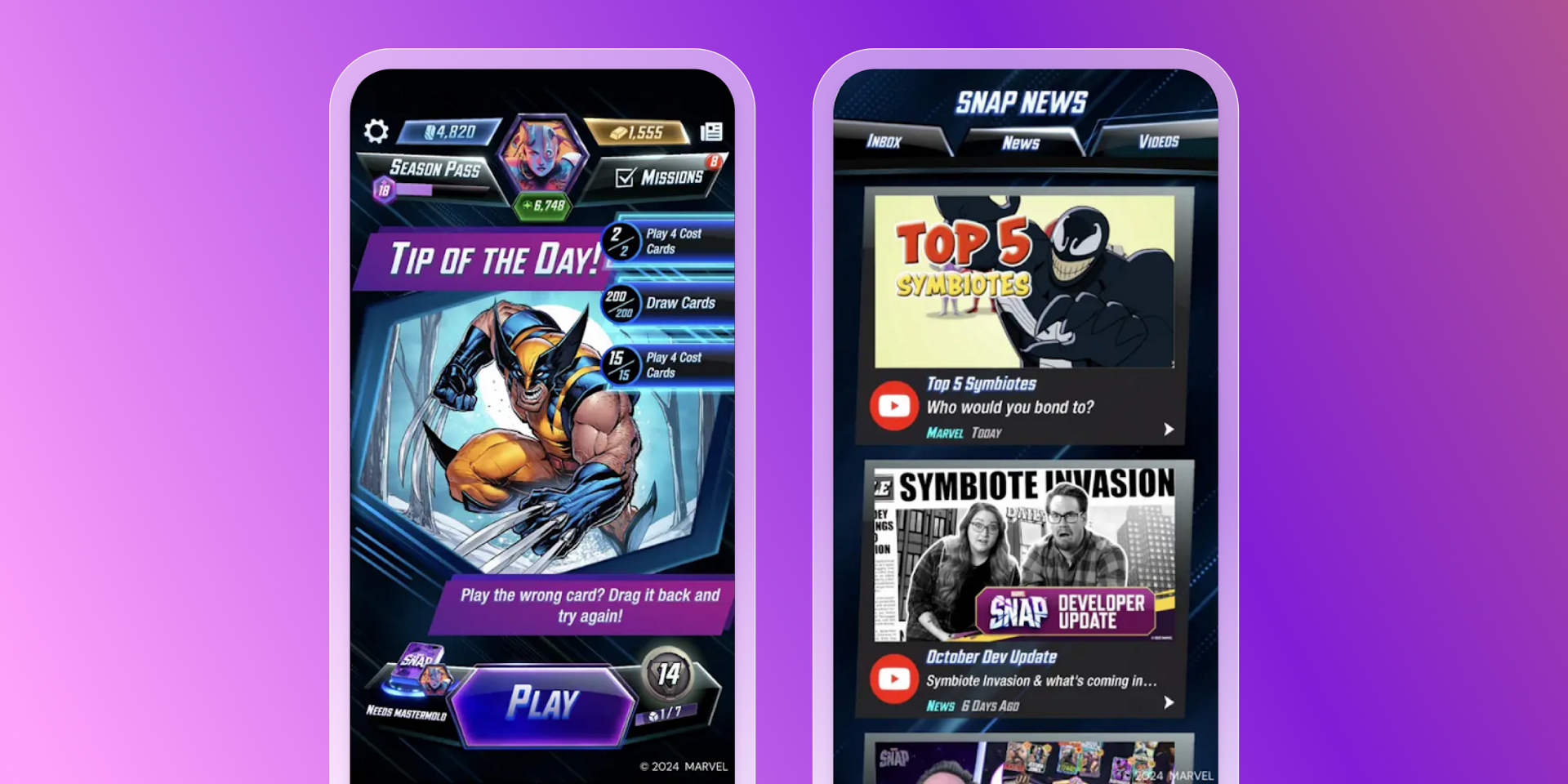 Two mobile phone screens displaying a Marvel Snap game interface with Wolverine and a news feed about Symbiotes.