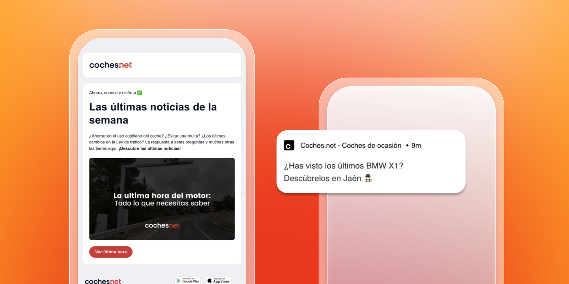 Mobile screens showing a coches.net news email and a BMW X1 car notification.