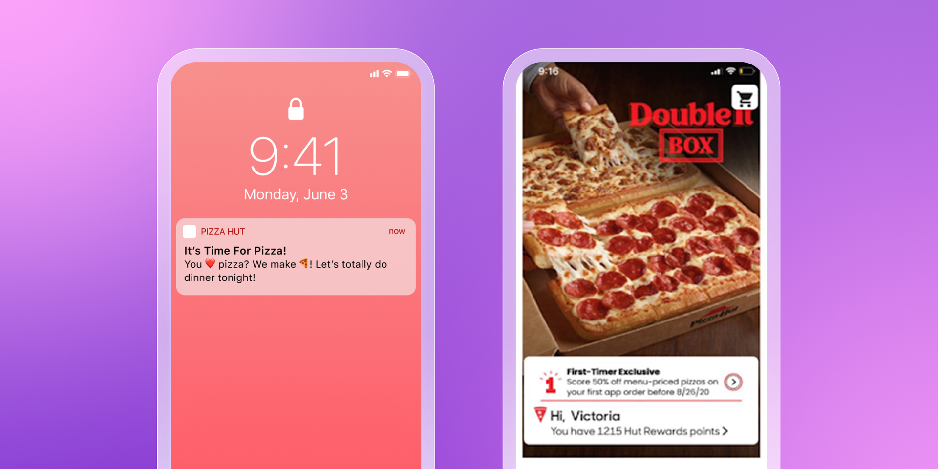 Two phone screens display Pizza Hut content: a notification for pizza on the left, and an ad for a "Double It Box" with two pizzas and an offer on the right.