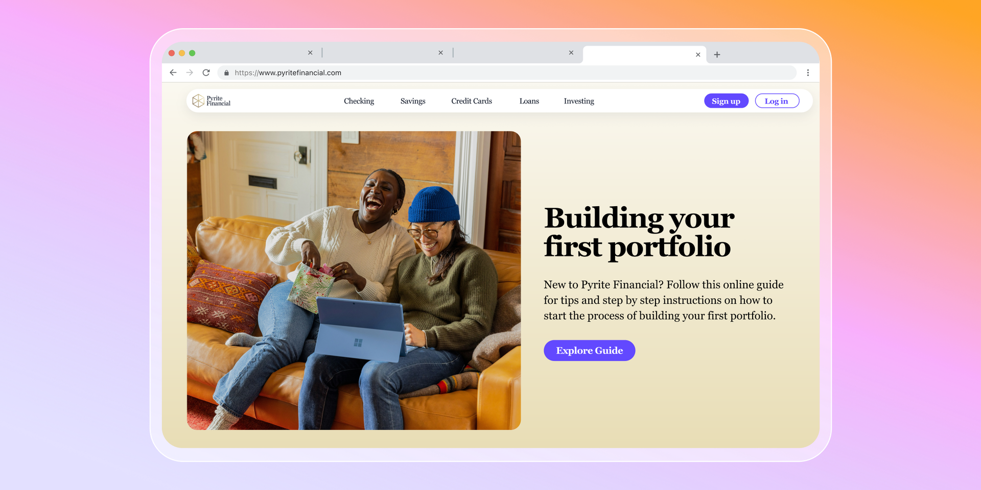 Laptop displaying Pyrite Financial website with two laughing people and 'Building your first portfolio' text.
