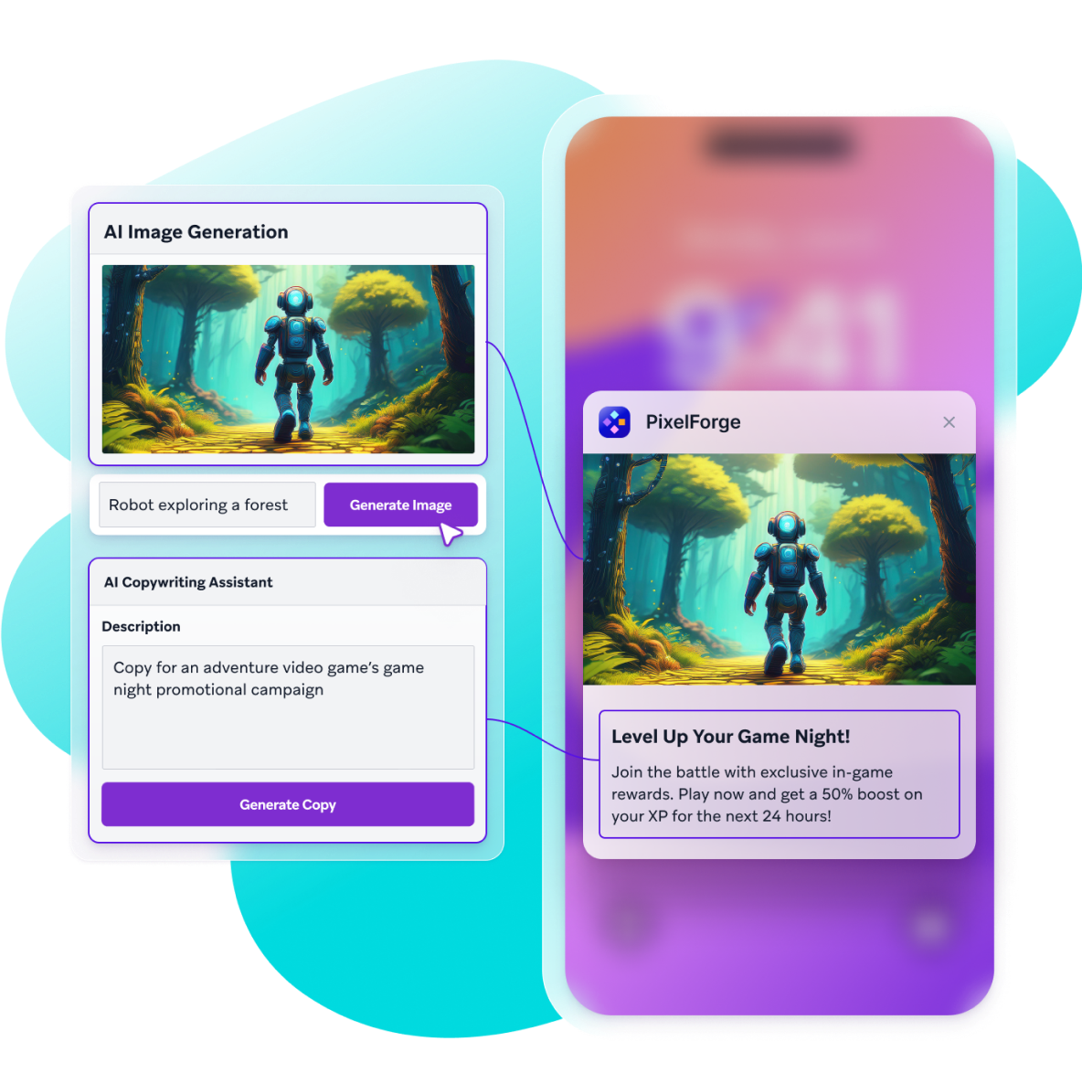 a phone with an ad for pixelforge on it
