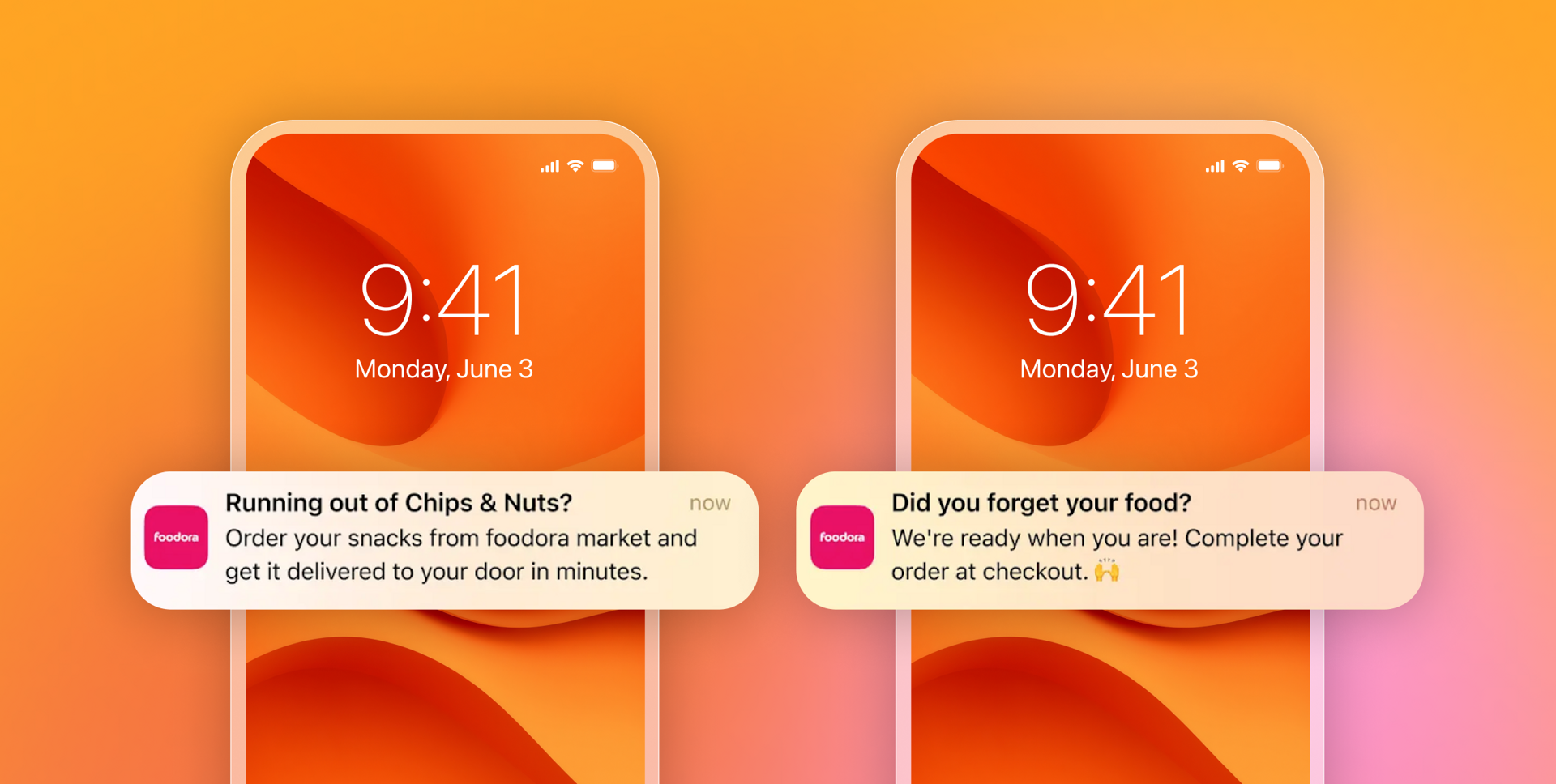 Two push notifications from foodora with updates on food