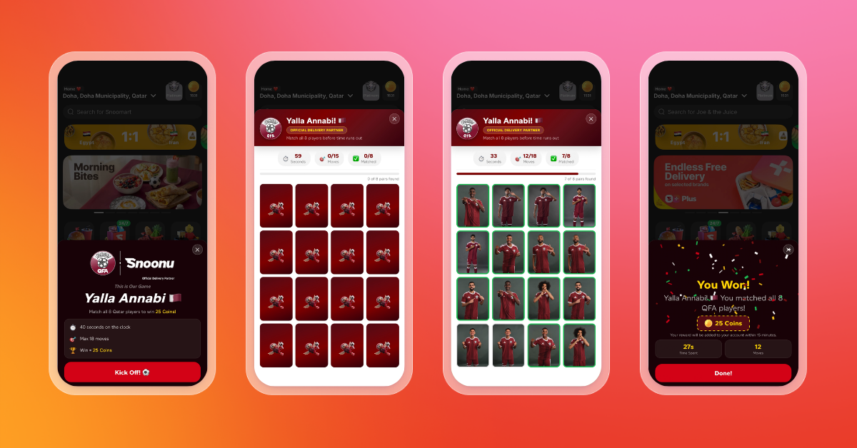 Four smartphone screens show the “Yalla Annabi!” Qatar football player-matching game, from kickoff through card matching to a 25-coin win.