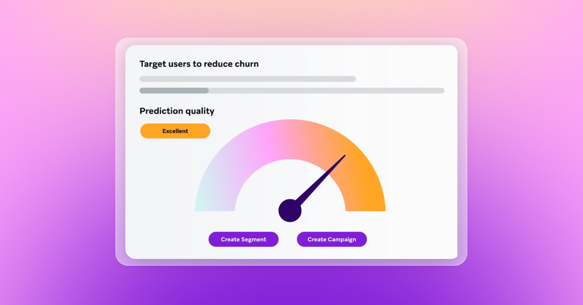 User interface for churn reduction showing 'Excellent' prediction quality on a colorful gauge, with 'Create Segment' and 'Create Campaign' buttons.