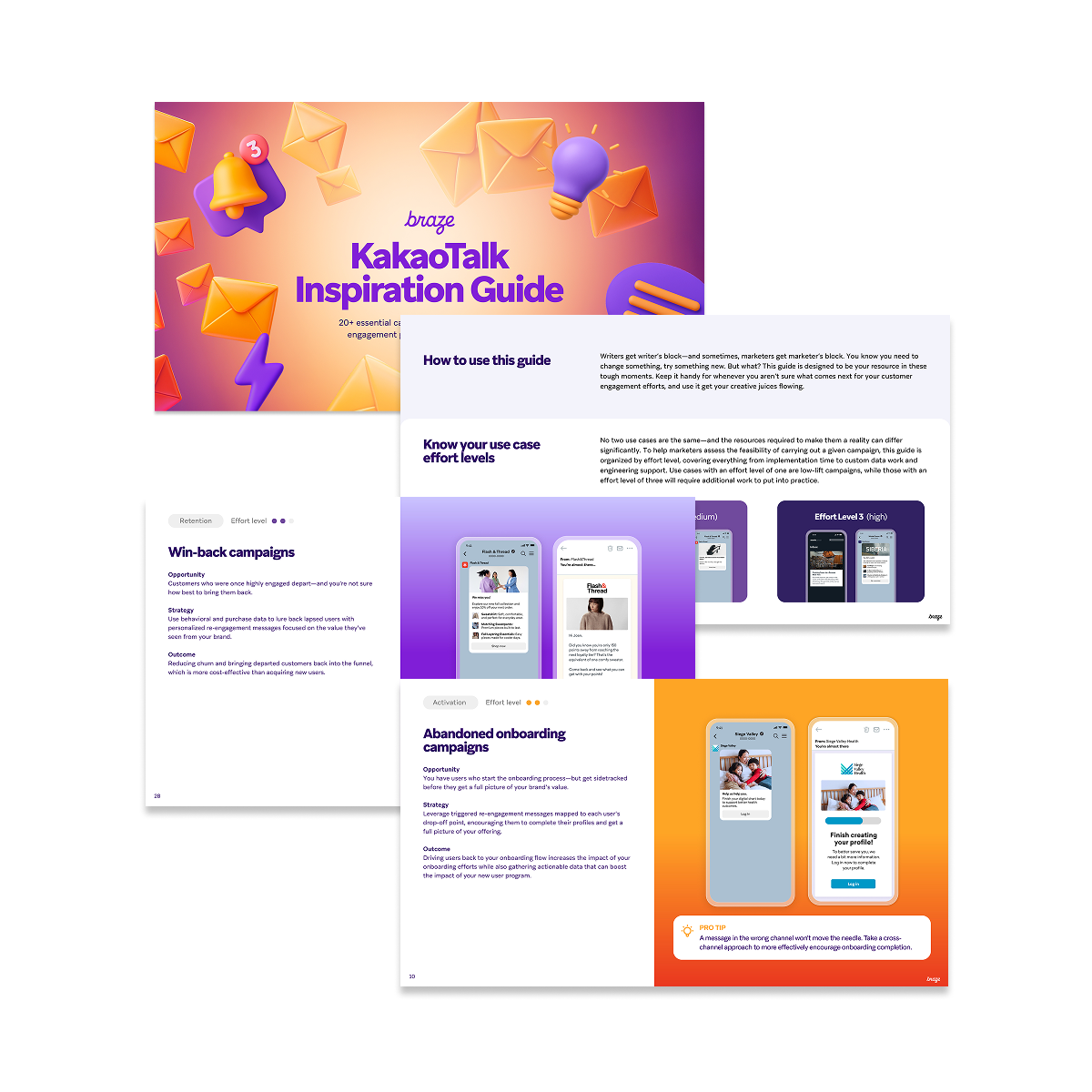 A Braze KakaoTalk Inspiration Guide booklet opened to display marketing campaign strategies and mobile app examples.