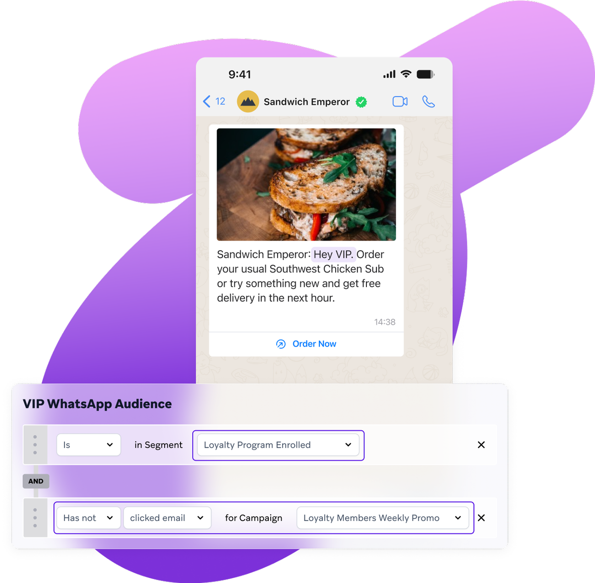 a phone screen shows a message from sandwich emperor