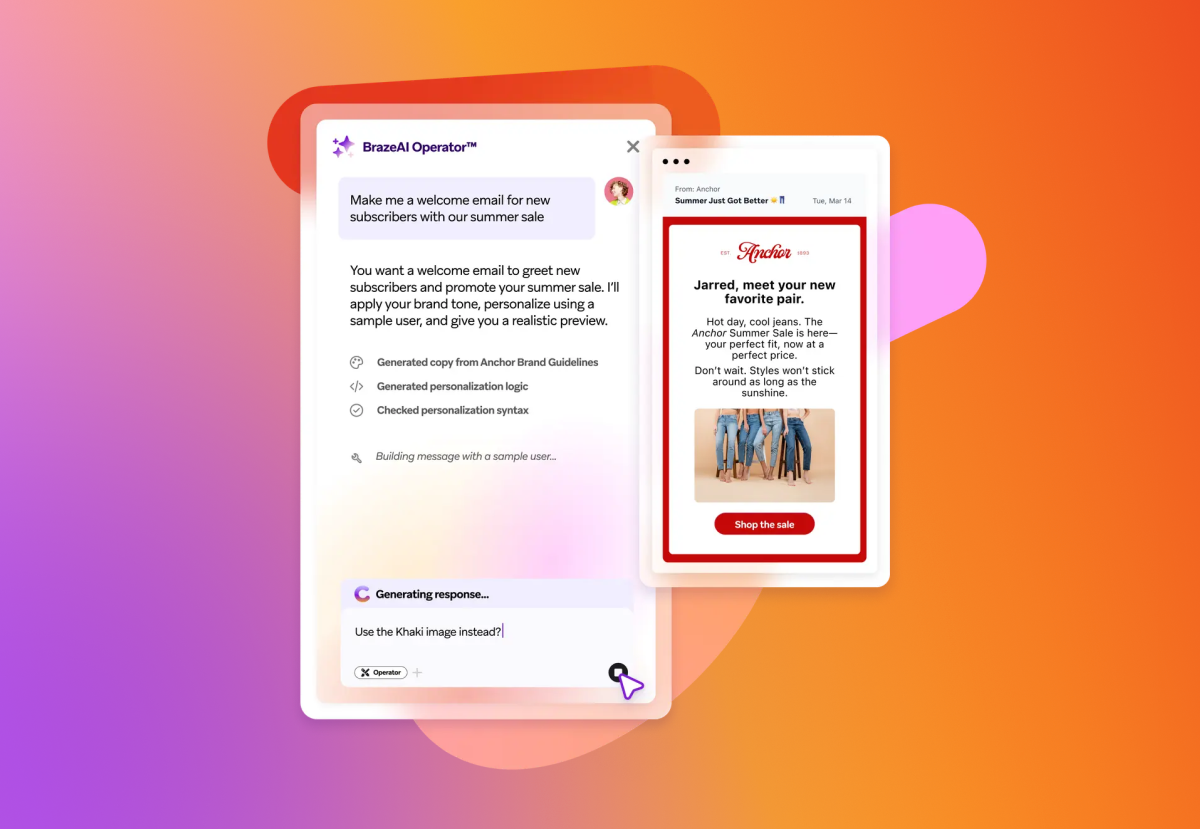 Braze AI Operator generating a summer sale email, shown with a mobile preview of the 'Anchor' brand email featuring jeans.