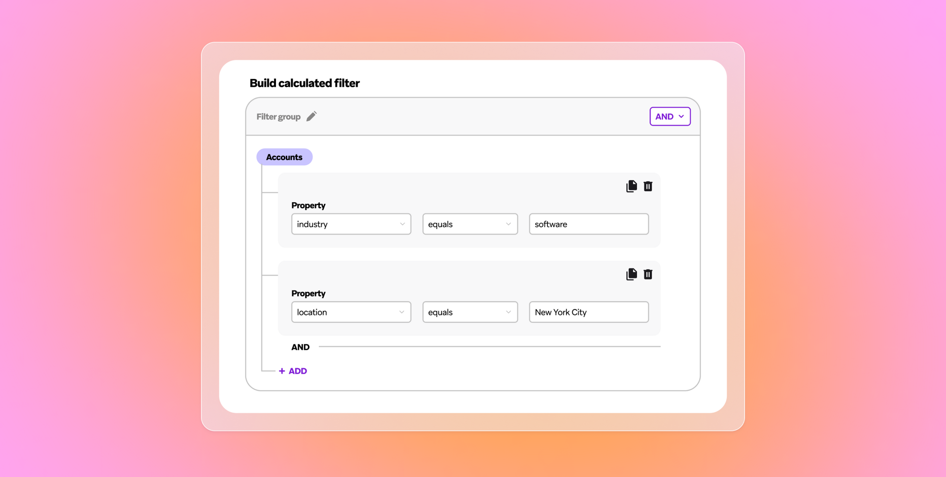 Calculated filter builder showing account criteria for software industry and New York City location, joined by AND.