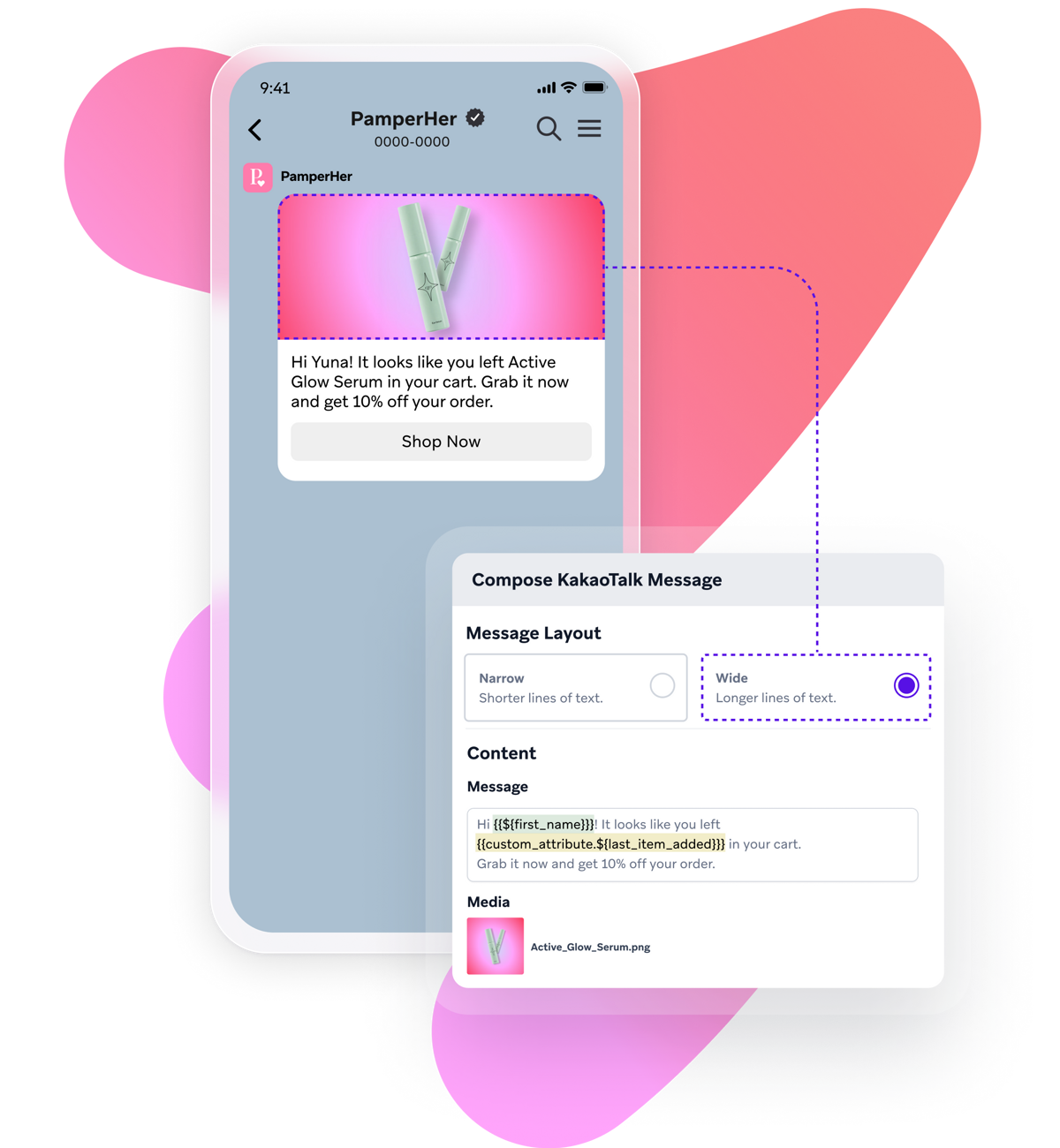A mobile phone displays a personalized abandoned cart message, while a KakaoTalk composer shows its creation with dynamic content and a product image.