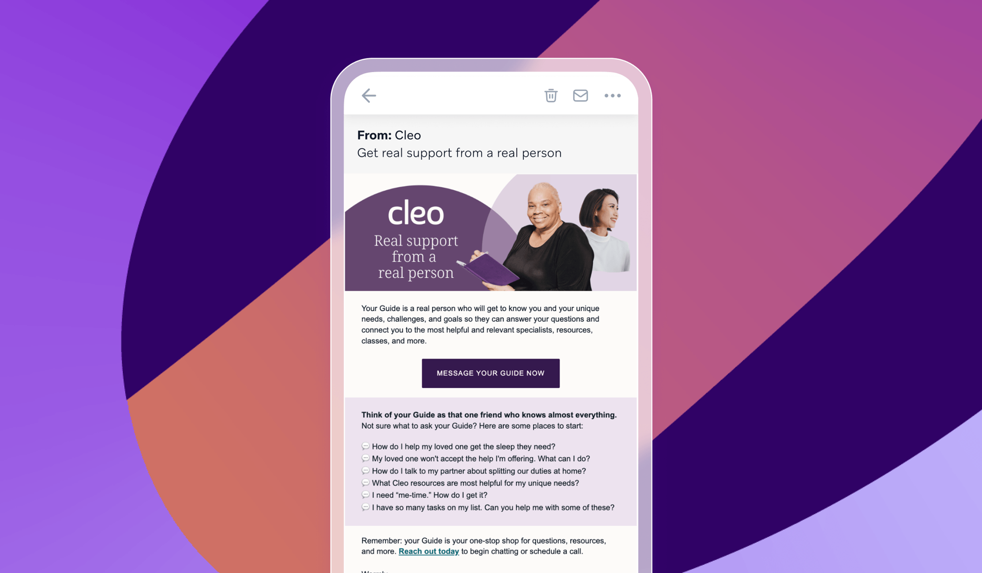 A mobile phone displays an email from Cleo with the subject "Get real support from a real person", featuring an image of a smiling bald woman holding a book, with another woman behind her, promoting Cleo's personal guide service.