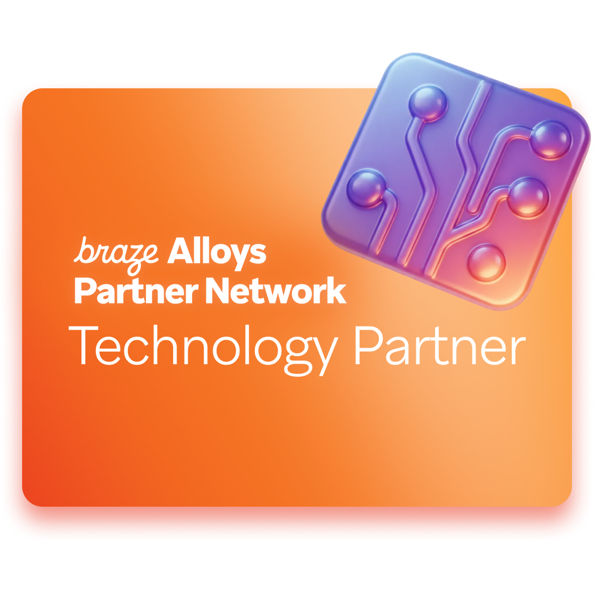 Graphic with two interlocked 3D puzzle pieces (blue and pink) on a pink gradient background. Text reads: "braze Alloys Partner Network Delivery Partner".