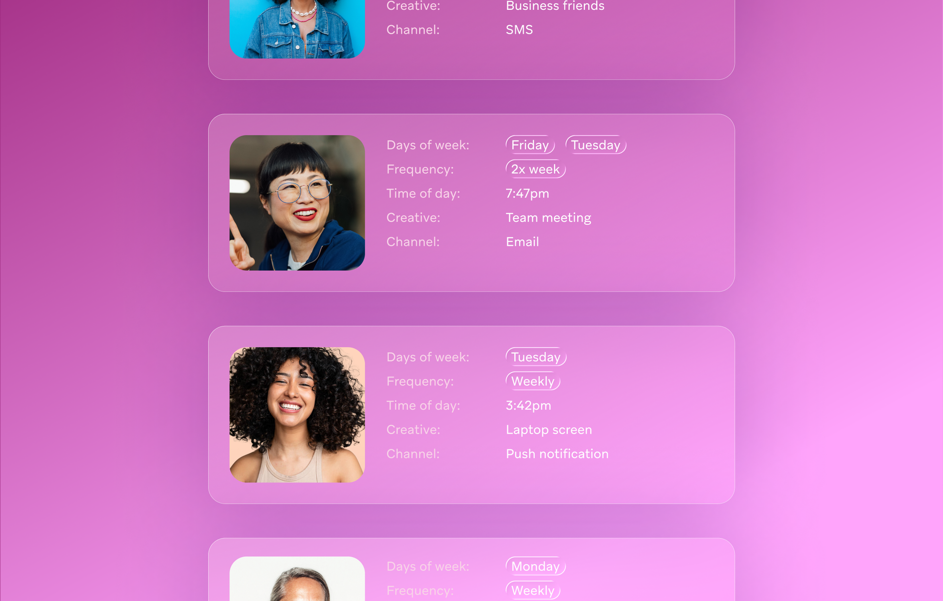 Pink user interface showing profile cards with communication settings.