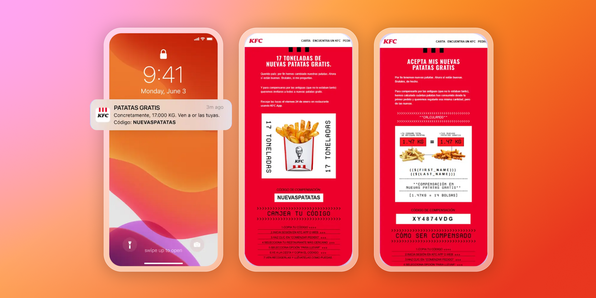 Three smartphone screens display a KFC promotion for free new fries, with a notification and app redemption pages.