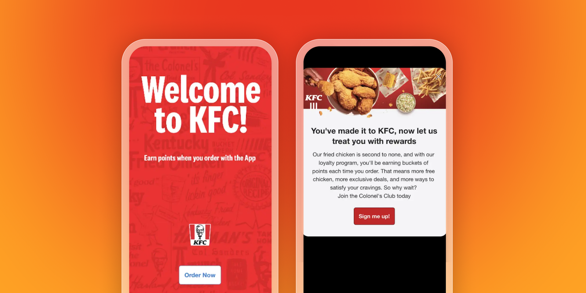 Two mobile phone screens displaying KFC app content: a welcome message to earn points and a rewards program enrollment page.