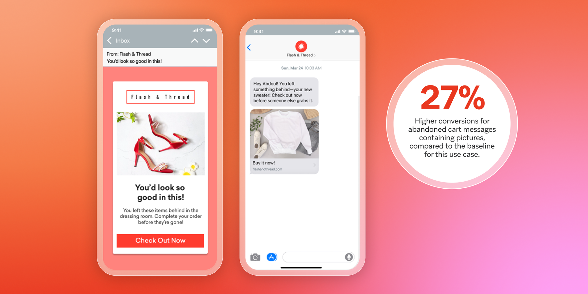 Two phones showing an abandoned cart message