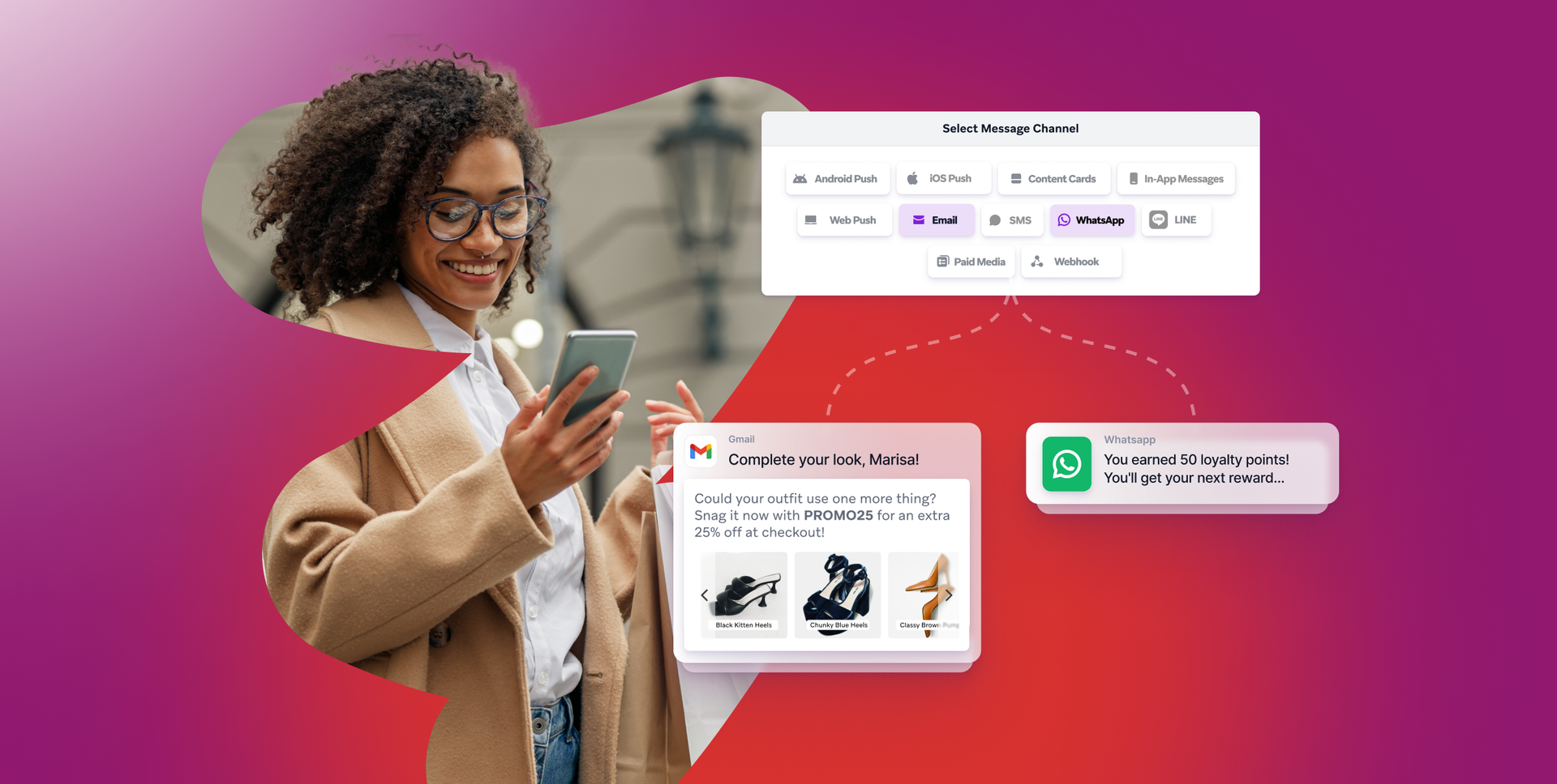 a woman is smiling while looking at her phone