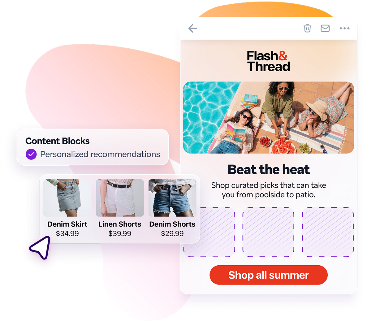An email template displays personalized product recommendations for a denim skirt and shorts, with a 'Content Blocks' menu open on the left.