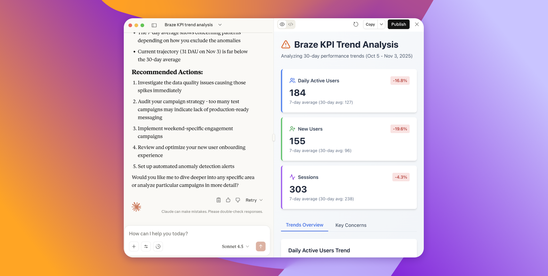 An AI interface displays Braze KPI trend analysis with user metrics and AI-generated recommended actions.