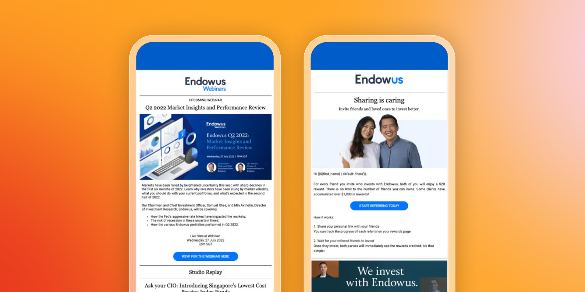 Two smartphones display Endowus financial emails, one for a market review and another for a referral program featuring a smiling couple.