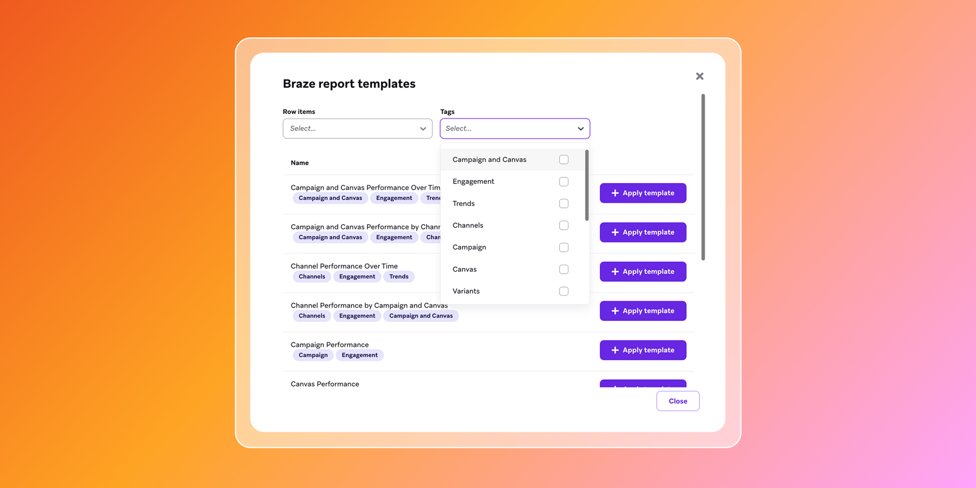 Braze report templates dialog showing a list of performance reports, tag filters, and purple Apply template buttons.