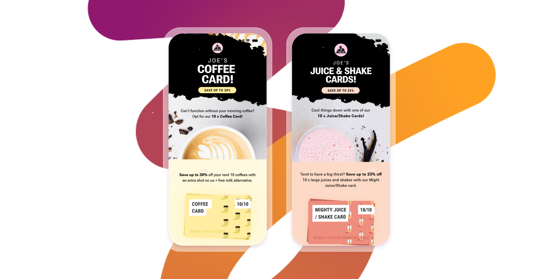 a coffee card and a juice and shake card