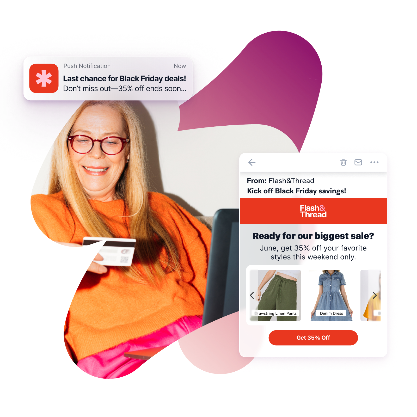 a woman holding a credit card next to a phone that says ready for our biggest sale