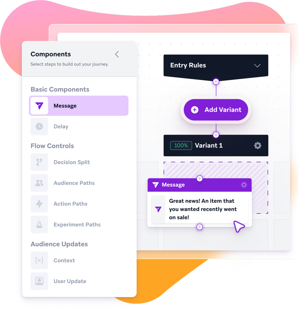Intuitive tools for designing personalized customer journeys, in this case entry rules and variants