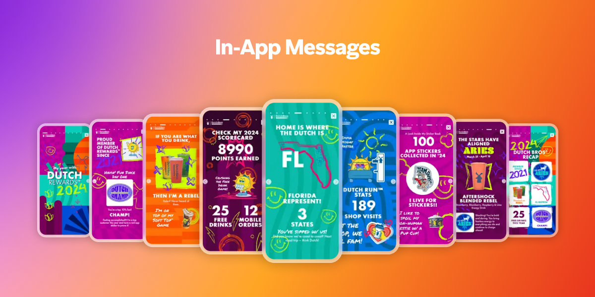 A row of colorful smartphone screens displaying various in-app messages like loyalty rewards, stats, and promotions, with 'In-App Messages' written above.