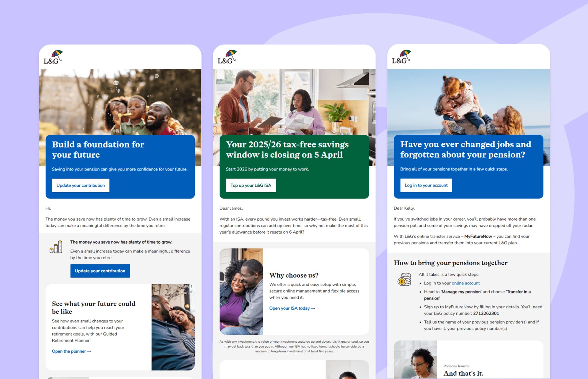 Three mobile screens displaying L&G financial planning emails about pensions and savings.