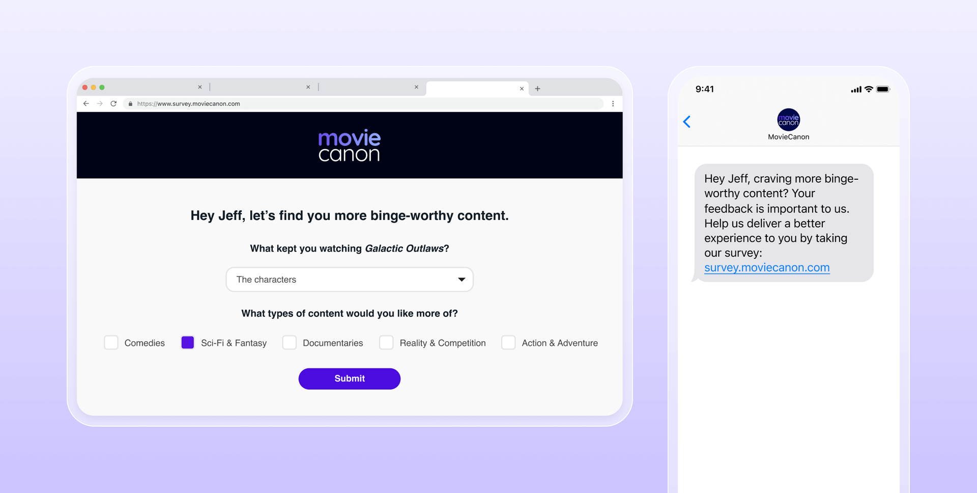 A web browser shows a Movie Canon content preference survey, while a smartphone displays a text message inviting the user to take the survey.