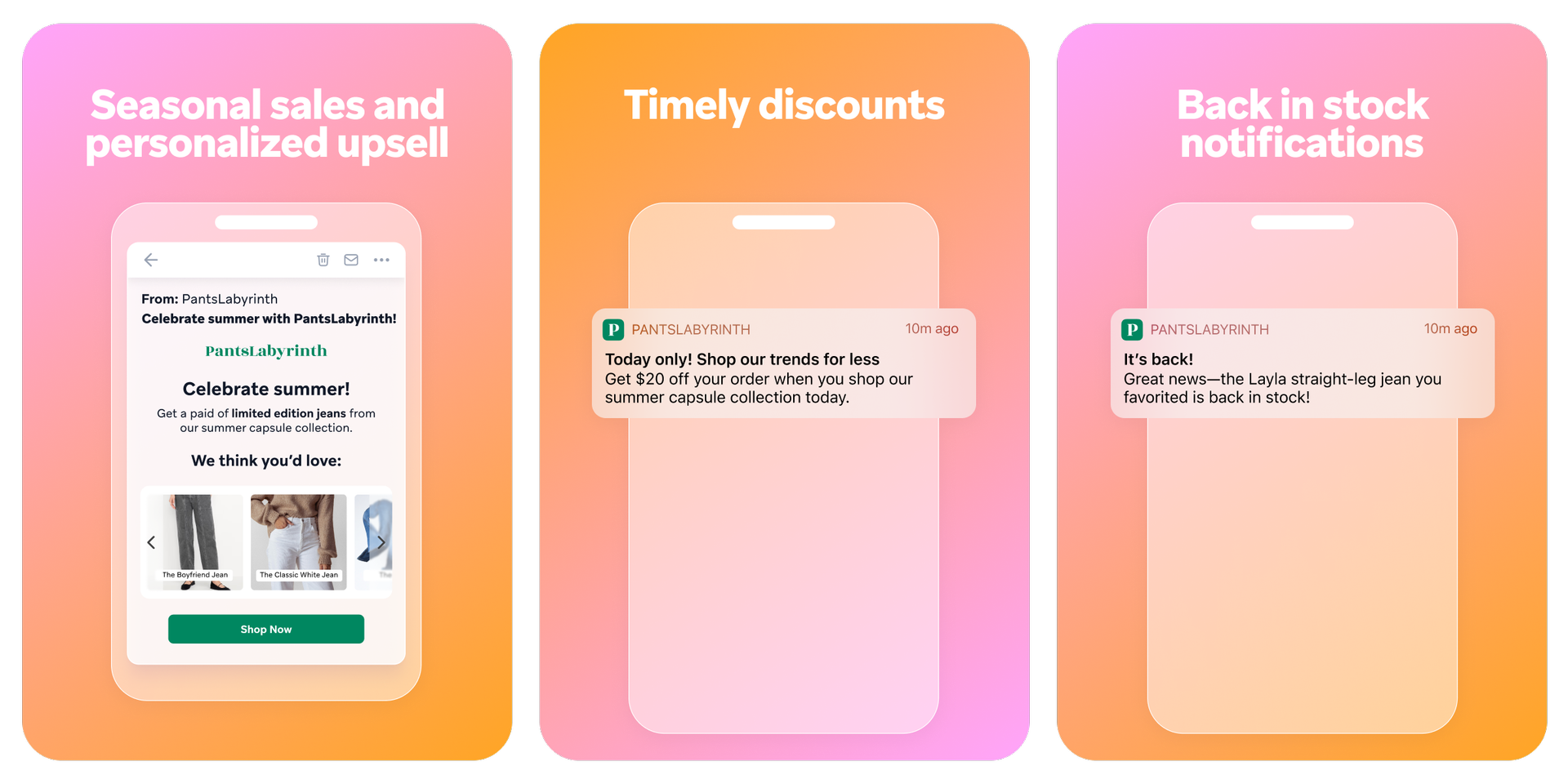 three screenshots of an app that says timely discounts and back in stock notifications