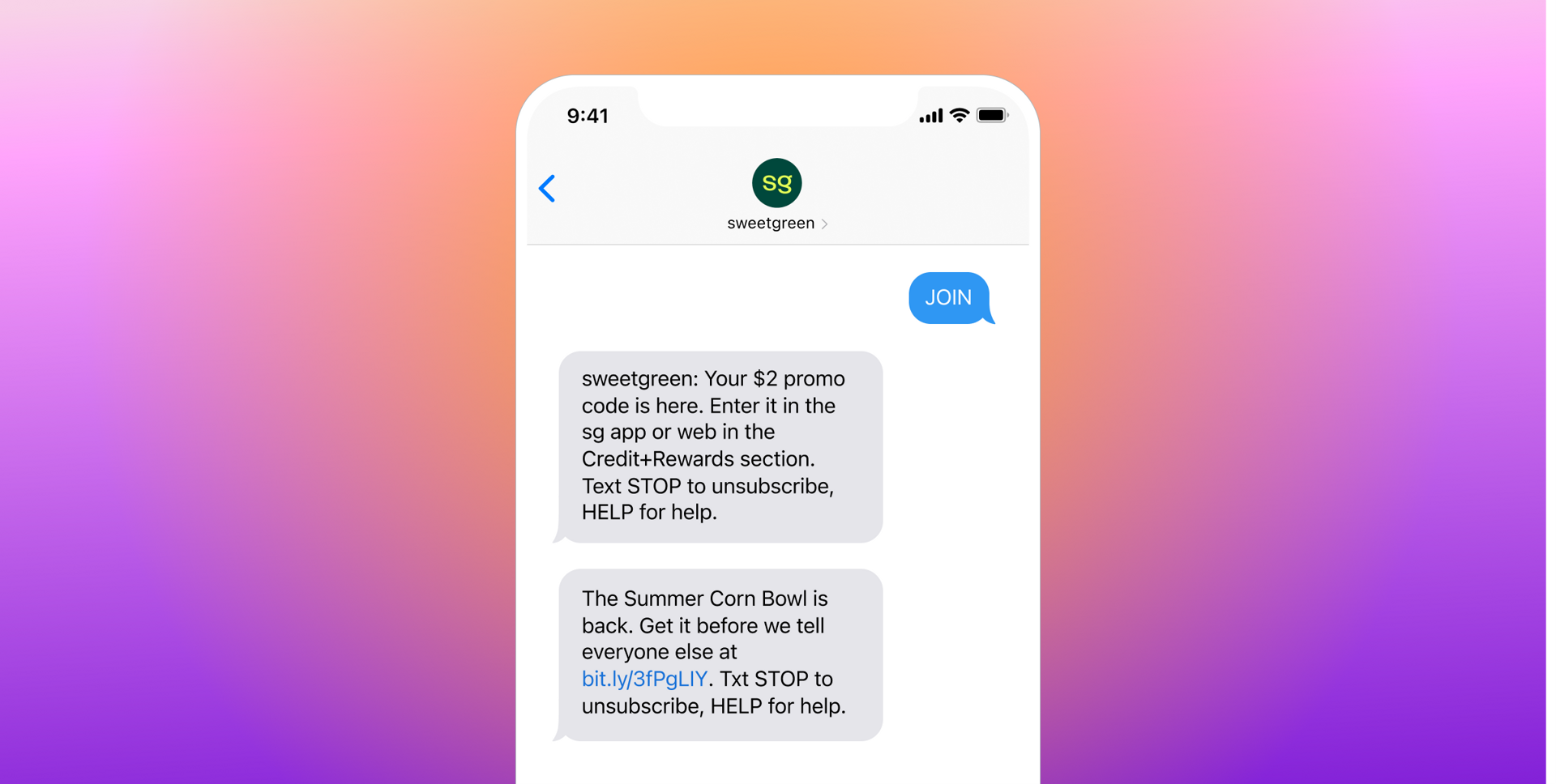A smartphone displays a Sweetgreen text conversation with a $2 promo code offer and a message announcing the return of the Summer Corn Bowl.