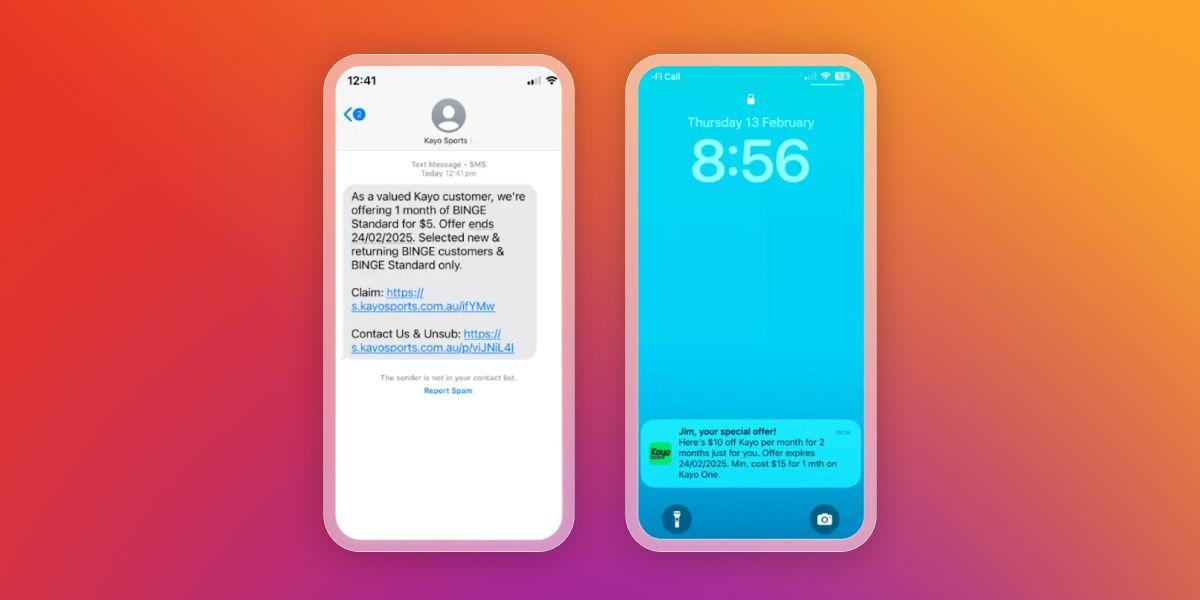 Two iPhones display promotional offers: a text message for BINGE and a lock screen notification for Kayo.