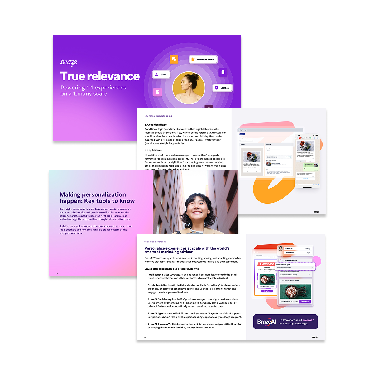 Braze marketing materials showing software interfaces and text about personalization, AI, and customer engagement, with titles like 'True relevance' and 'BrazeAI'.