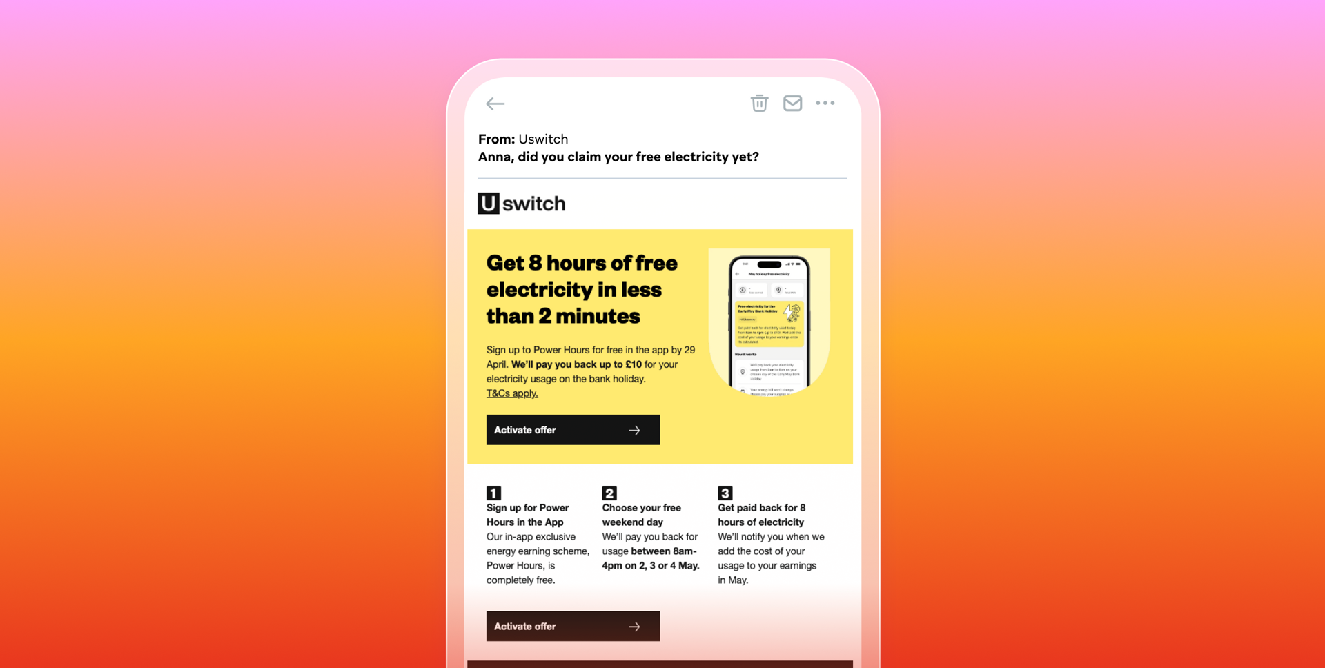 A smartphone displays a Uswitch email offering eight hours of free electricity, set against a pink-to-orange gradient background.