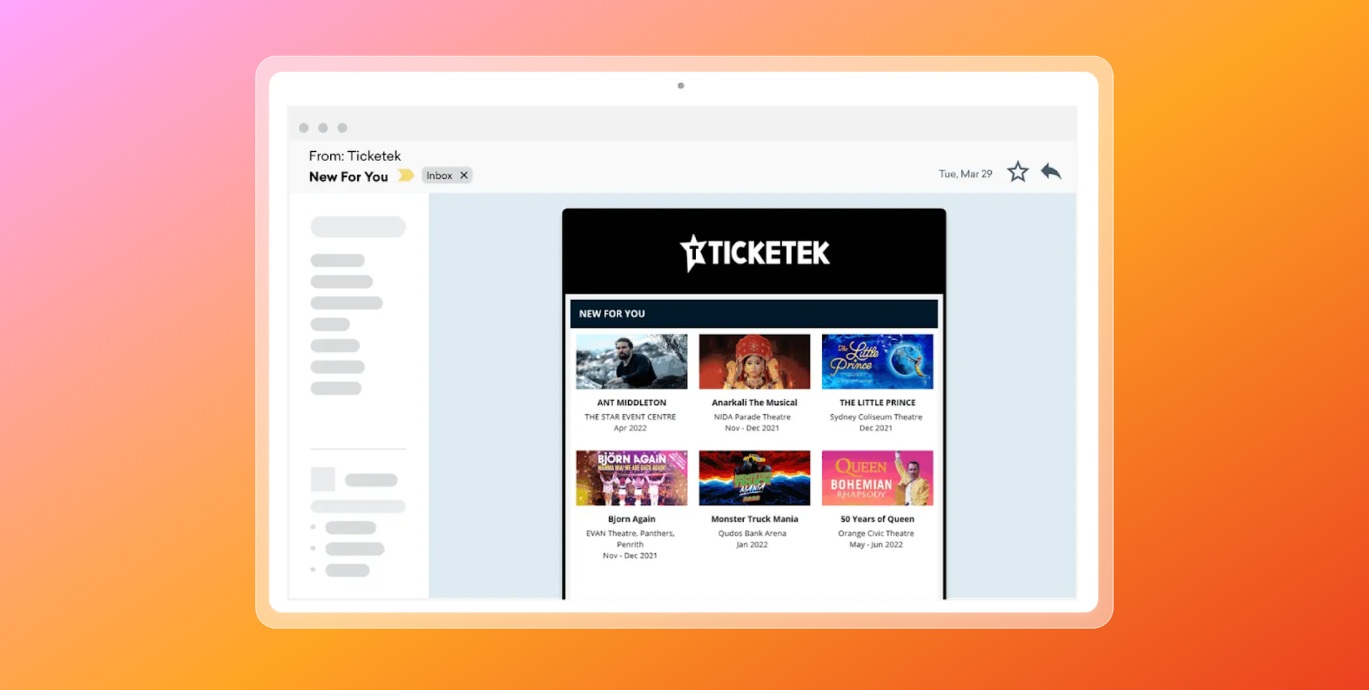 A laptop screen displaying a Ticketek "New For You" email with various event recommendations.