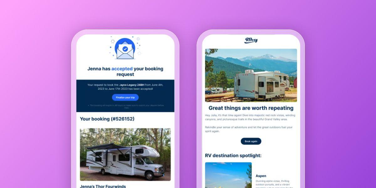 Two smartphone screens display RV rental app interfaces, one confirming a booking and the other promoting RV travel.