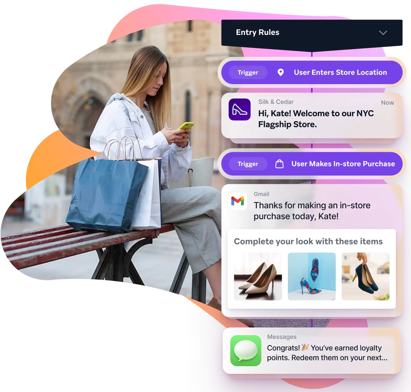 A woman with shopping bags uses her phone, displaying personalized retail notifications for store entry, purchases, product recommendations, and loyalty points.