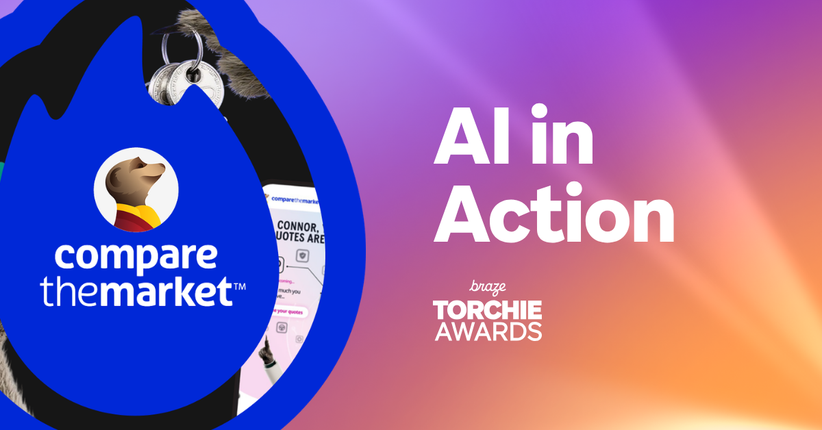 Compare the Market logo beside the text “AI in Action” and “Braze Torchie Awards” on a purple and orange gradient background.