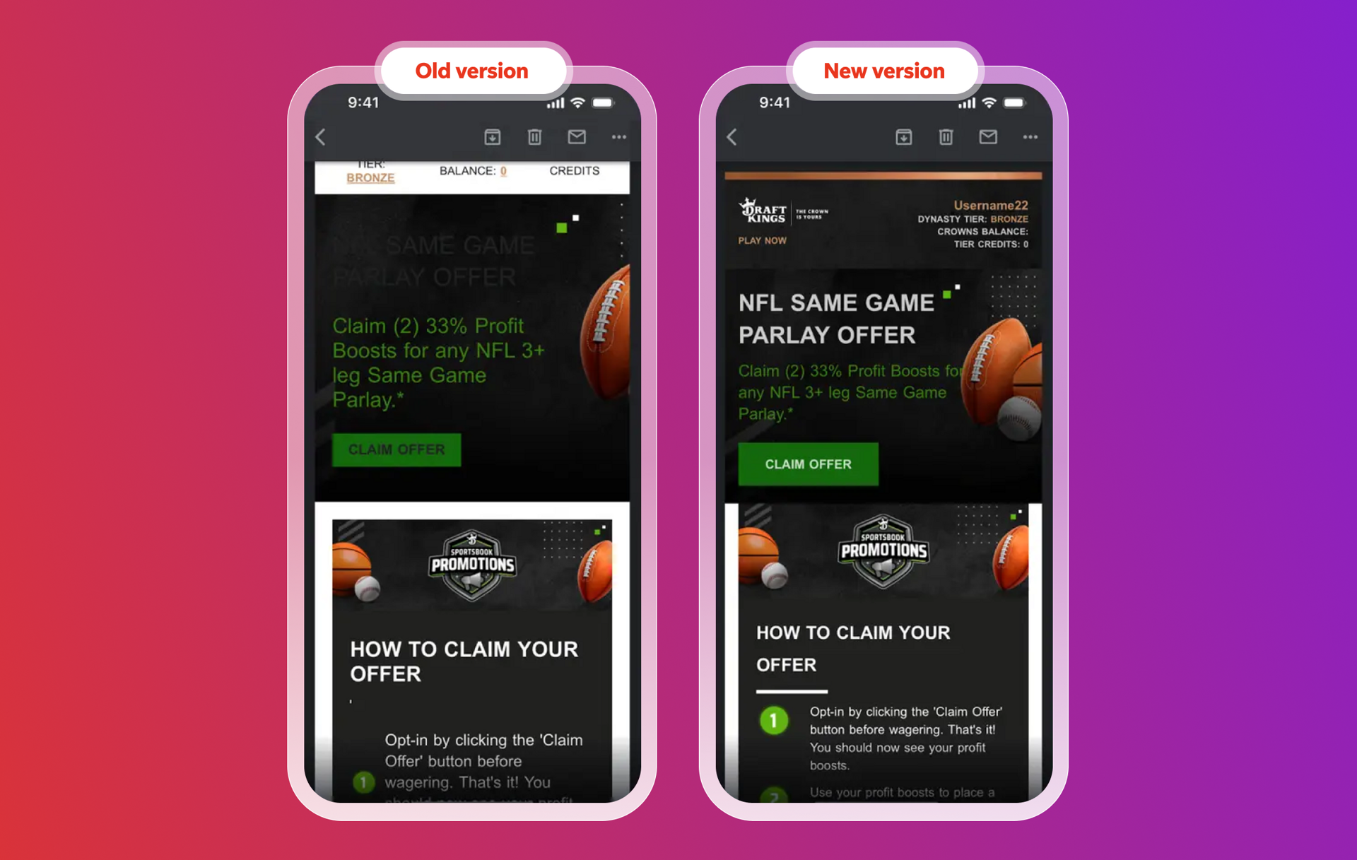 Old and new versions of a DraftKings mobile app screen displaying an NFL Same Game Parlay Offer, with the new version featuring updated branding and user account details.