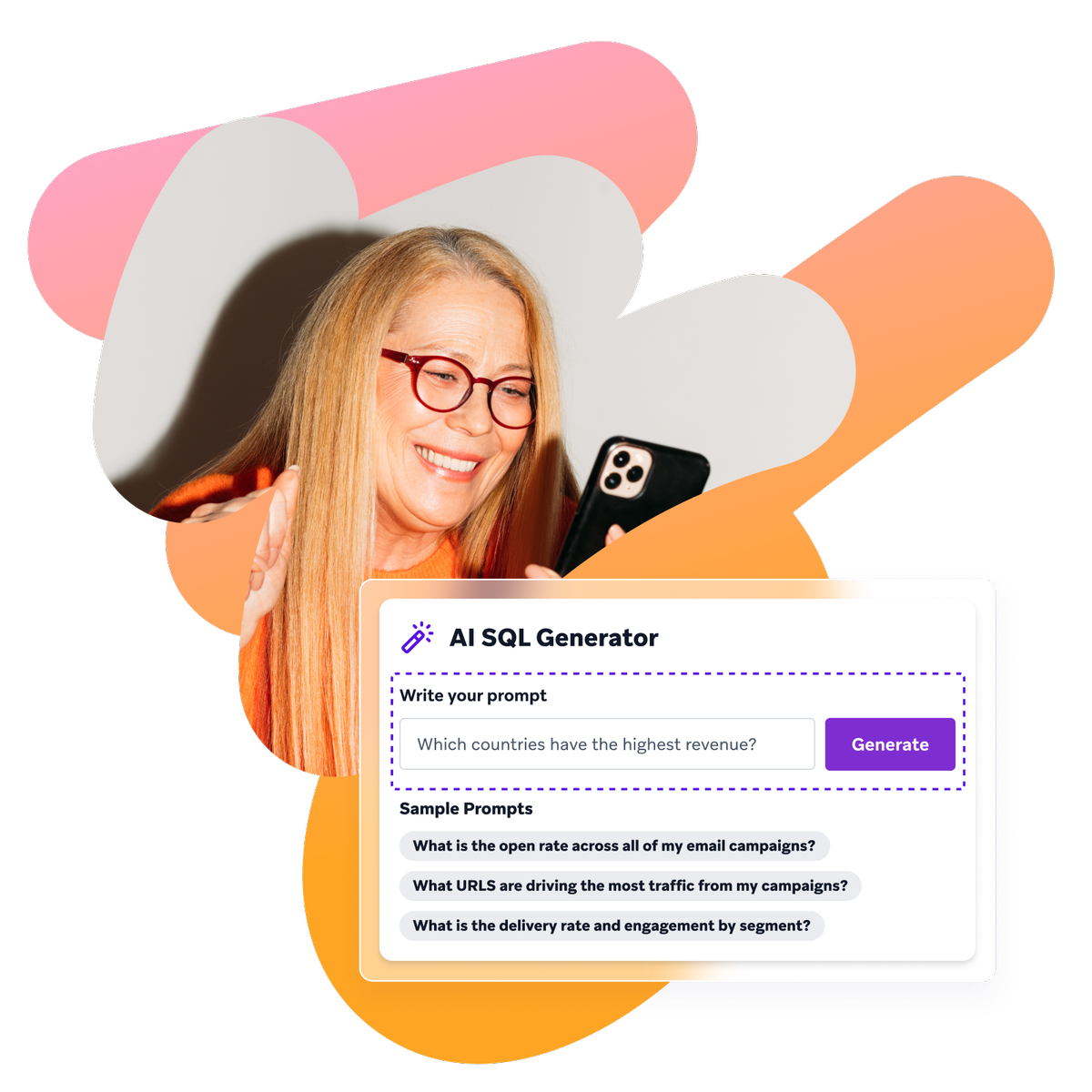 a woman is smiling while using an ai sql generator