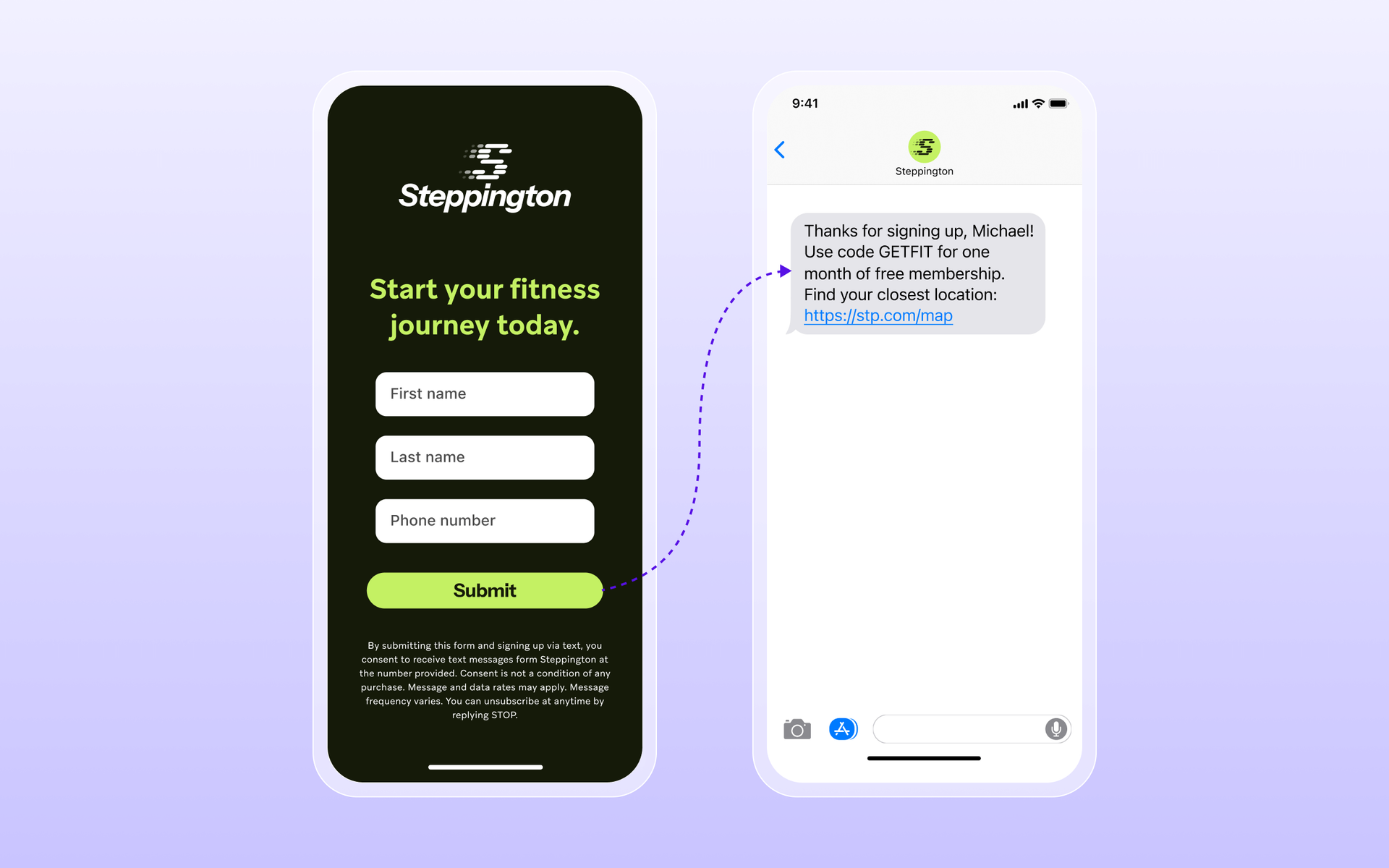 A Steppington app signup form on one phone leads to a confirmation text message with a free membership code on another phone.
