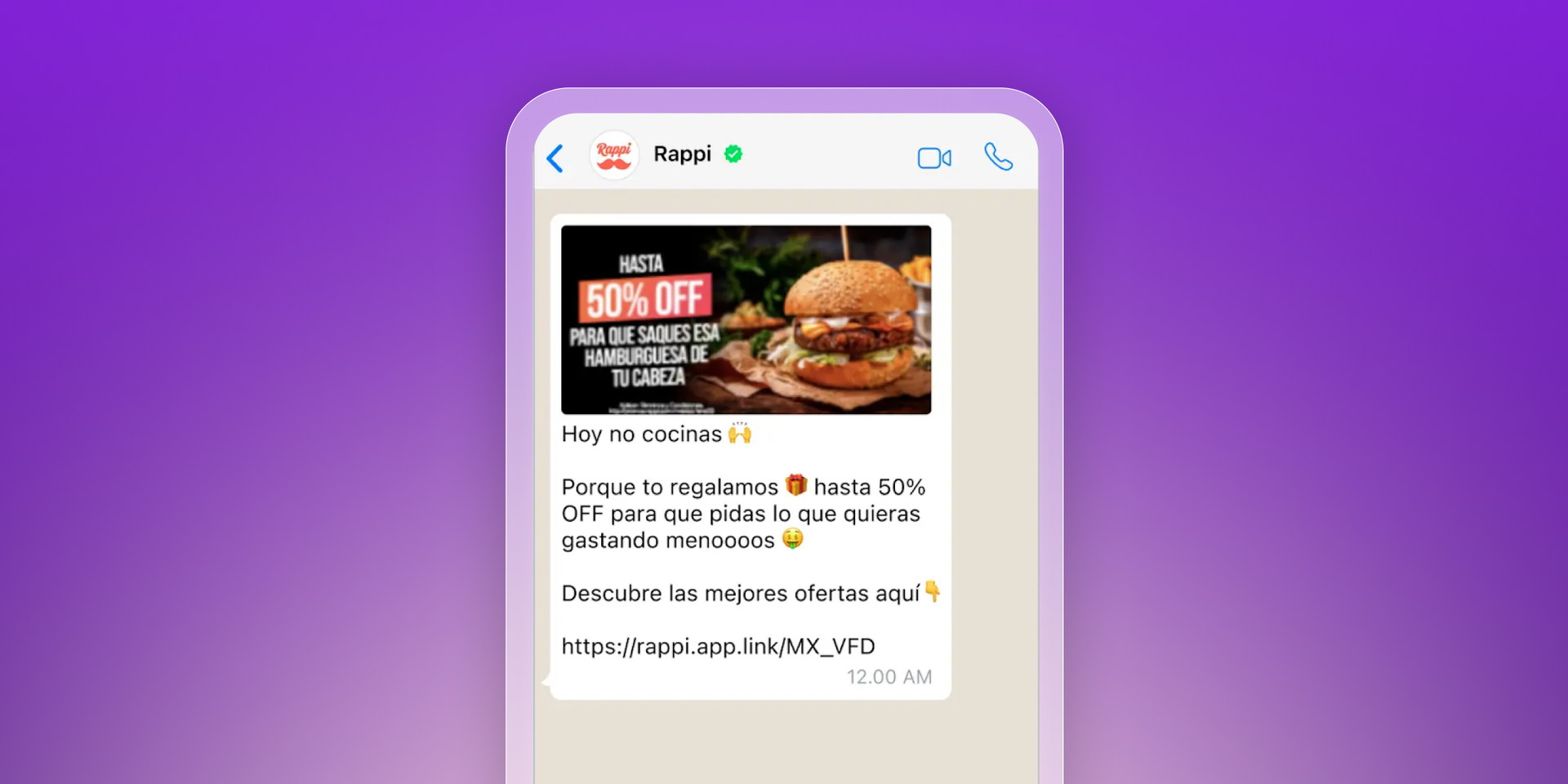 A smartphone screen shows a Rappi WhatsApp message with a burger and a "50% OFF" promotion.