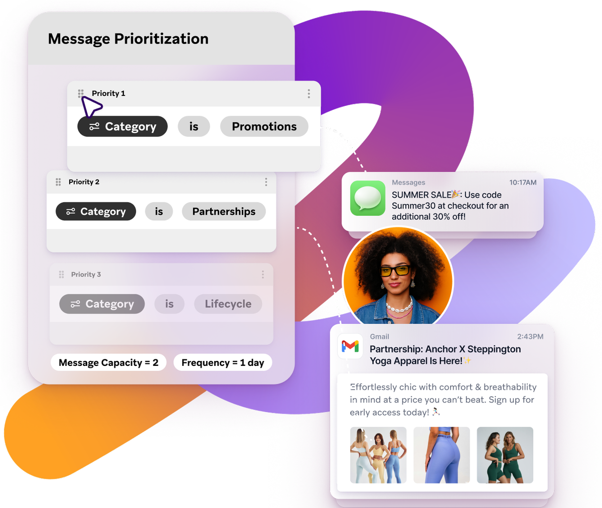 a phone screen shows a message that says partnership anchor x steppington yoga apparel is here