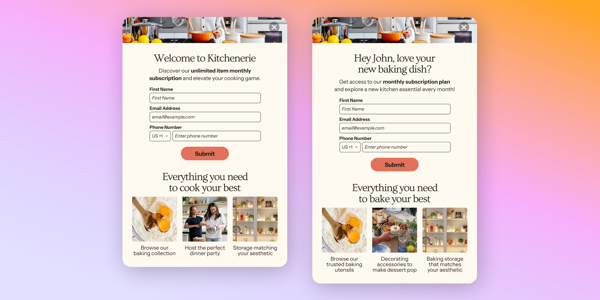 Two mobile forms for a 'Kitchenerie' subscription, one welcoming and the other personalized, with input fields and kitchen-related images.