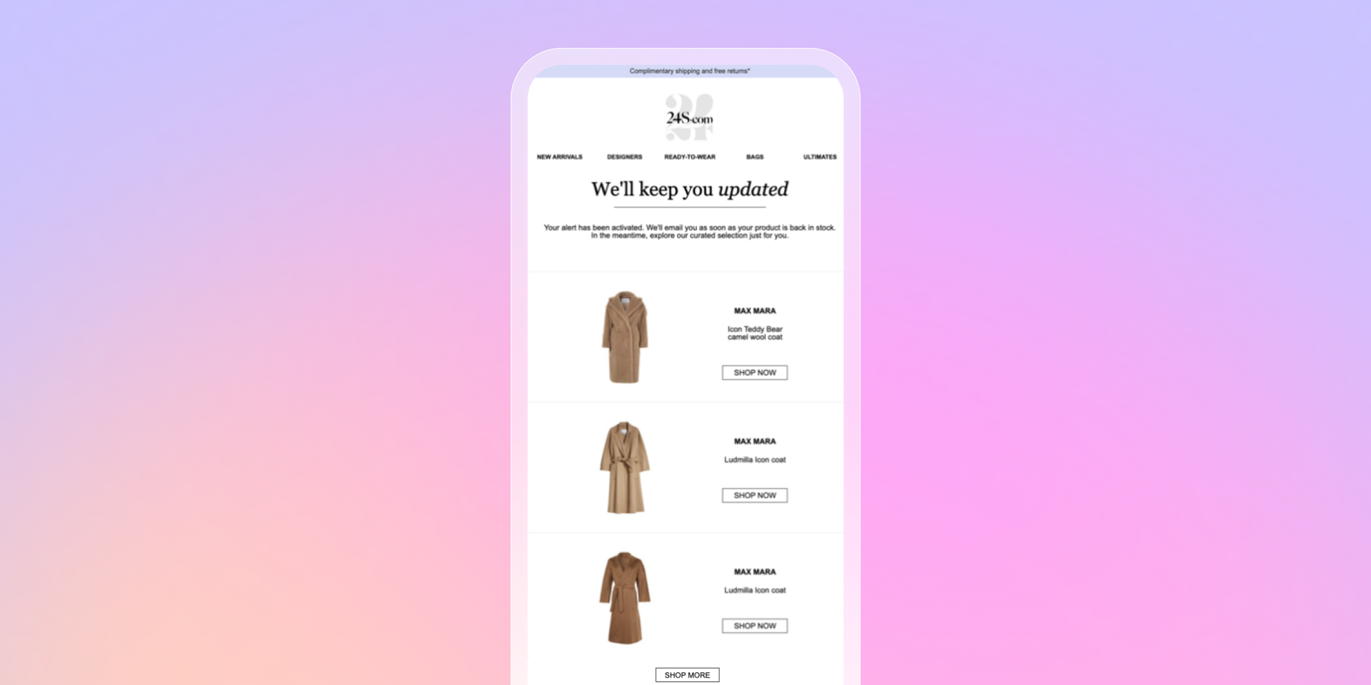 Mobile phone displaying an email with a 'We'll keep you updated' message and three identical brown trench coats.