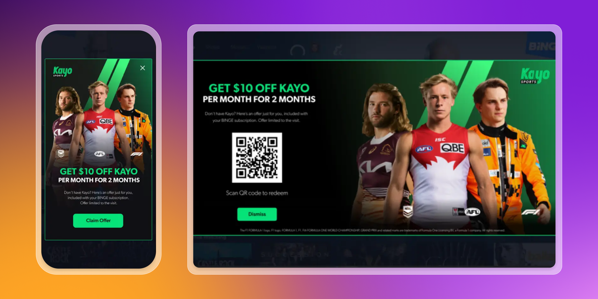 Kayo Sports ad offering $10 off per month for 2 months, displayed on a phone and desktop, featuring three athletes and a QR code.
