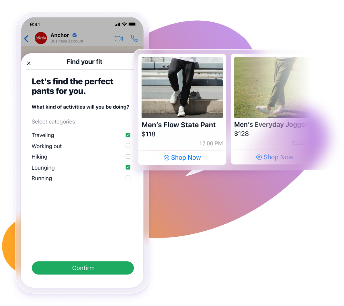 Mobile shopping interface showing a quiz to find the perfect pants and product cards for men’s pants with images, prices, and “Shop Now” buttons.
