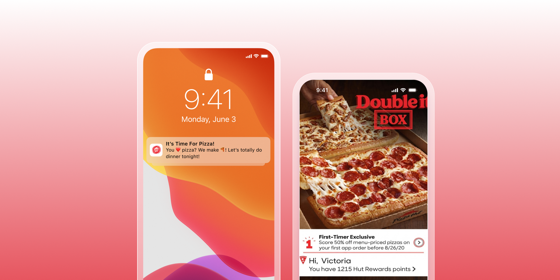 Two smartphone mockups show a Pizza Hut push notification and the app’s pizza offers and rewards screen against a pink gradient background.