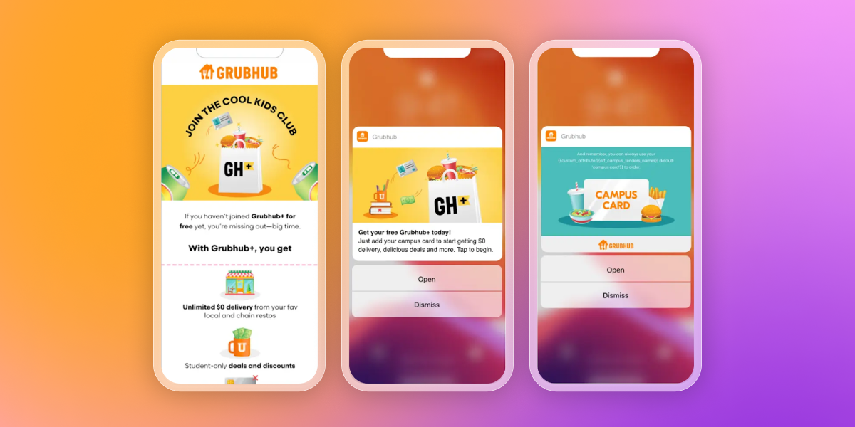 Three smartphone screens display Grubhub app promotions for students, highlighting Grubhub+ and free delivery with a campus card.